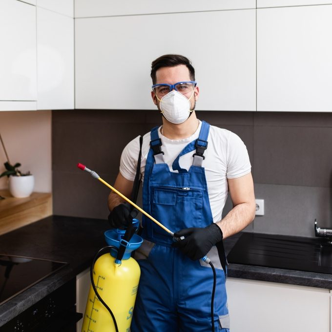 an exterminator doing pest control in a residential space